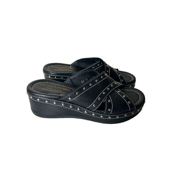 Donald J Pliner 6.5 M Black Studded Leather Platform Wedge Slides Comfort Italy - Picture 5 of 8
